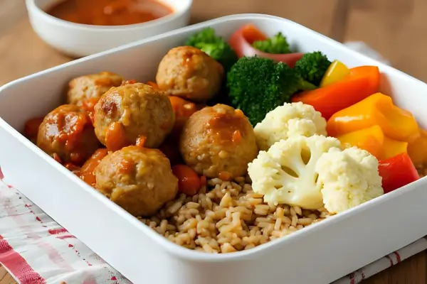 Almôndegas de frango fit com arroz integral e couve-flor