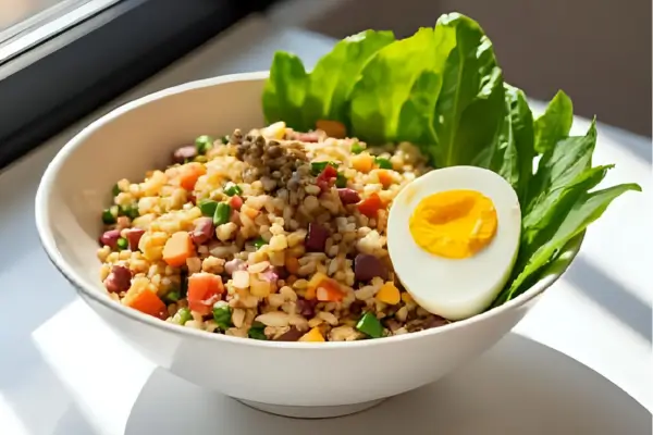 Arroz 7 grãos, ovo cozido e mix de folhas verdes