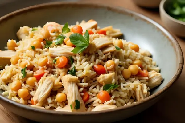 Arroz integral, peito de frango desfiado e salada de grão-de-bico