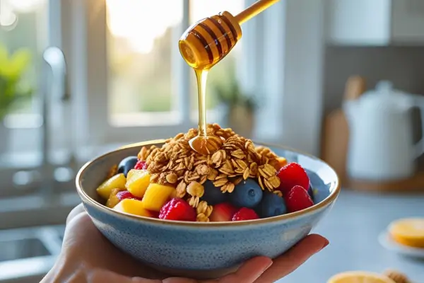 Bowl de frutas com granola e mel