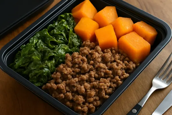 Carne moída com abóbora e couve refogada