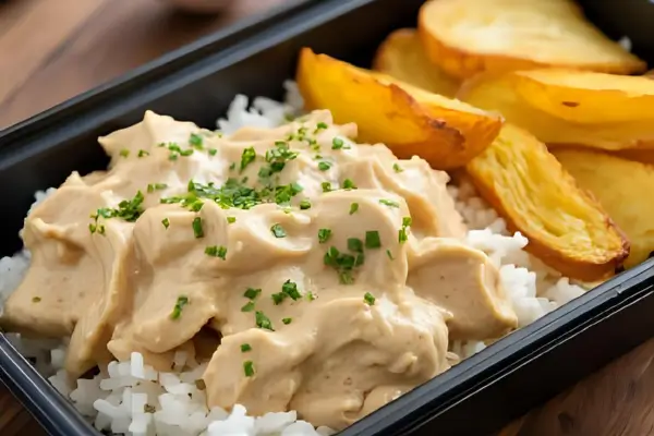 Estrogonofe fit de frango com arroz integral e batata palha de forno