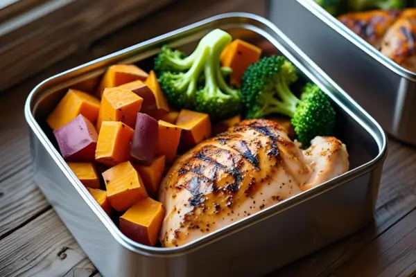 Frango grelhado com batata-doce e brócolis - marmitas fit