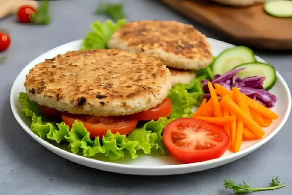 Hambúrguer caseiro de frango com salada colorida