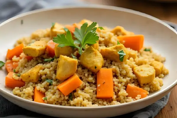 Quinoa com frango ao curry e cenoura ralada