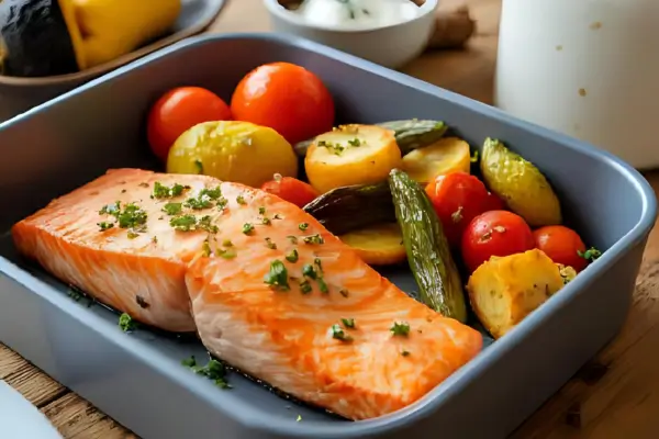 Salmão grelhado com legumes assados