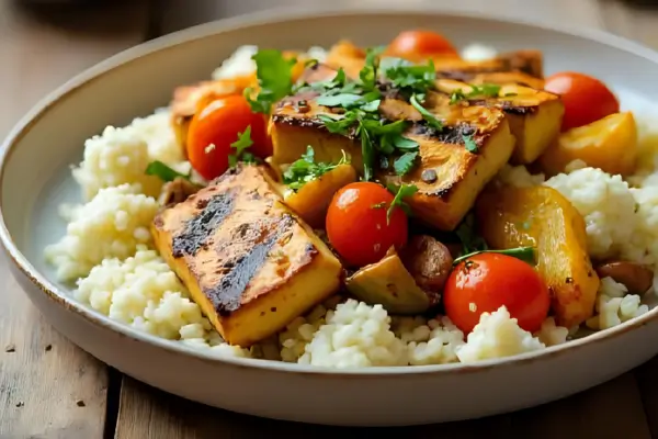 Tofu grelhado com arroz de couve-flor e legumes salteados