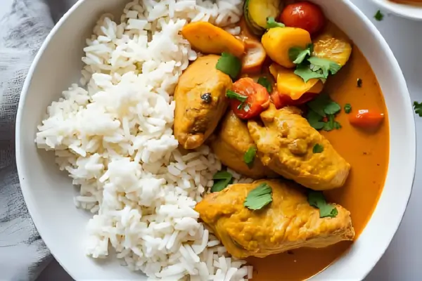 Frango ao Curry com Leite de Coco acompanhado com arroz branco soltinho e legumes assados