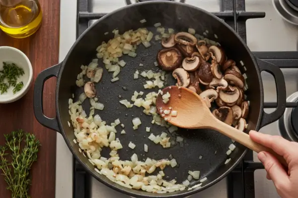 Passo 2: Refogar os temperos e cogumelos