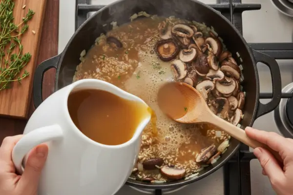 Passo 3: Cozinhar o arroz com caldo