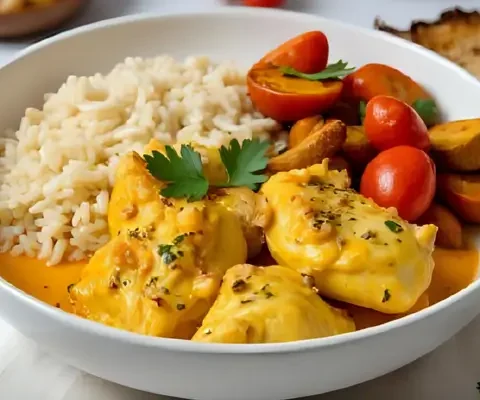 Frango ao Curry com Leite de Coco acompanhado com arroz branco soltinho e legumes assados_ Receita Saudável, Cremosa e Fácil de Fazer