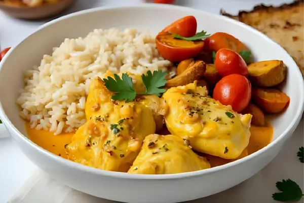 Frango ao Curry com Leite de Coco acompanhado com arroz branco soltinho e legumes assados_ Receita Saudável, Cremosa e Fácil de Fazer
