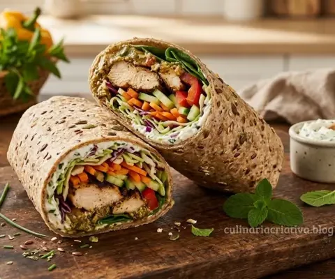 Wrap Integral com Frango, Cream Cheese e Vegetais