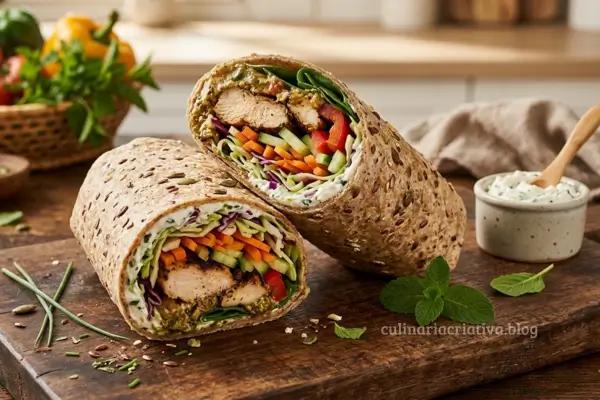 Wrap Integral com Frango, Cream Cheese e Vegetais